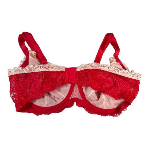 Victoria’s Secret Womens 38D Unlined Demi Bra Red Beige Lace Underwire Push Up - Picture 2 of 4